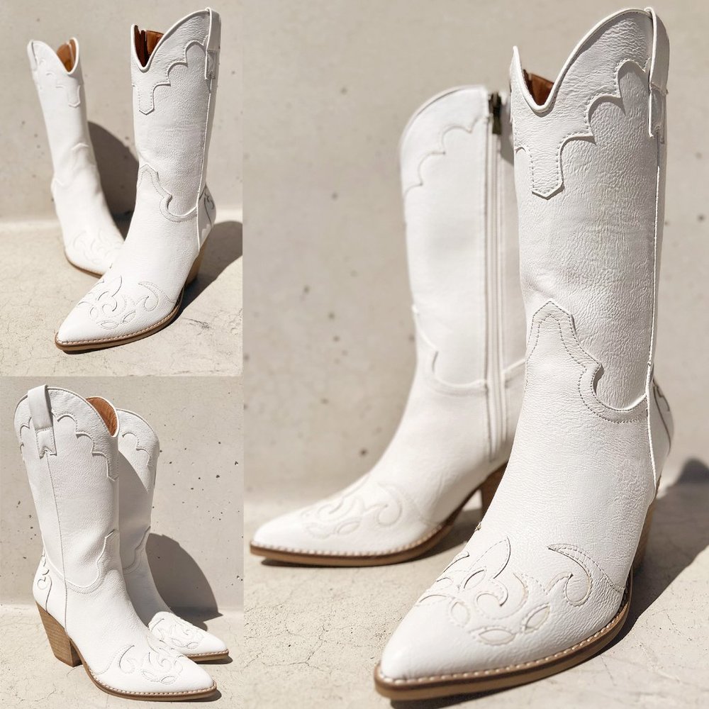 NEW White Western Cowgirl Cutout Applique Pointy Toe Block Heel Mid Calf Boots - Picture 5 of 16